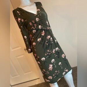 Lauren Ralph Lauren~Rich Deep Green Floral V-Neck Midi Sheath Dress~Size 4